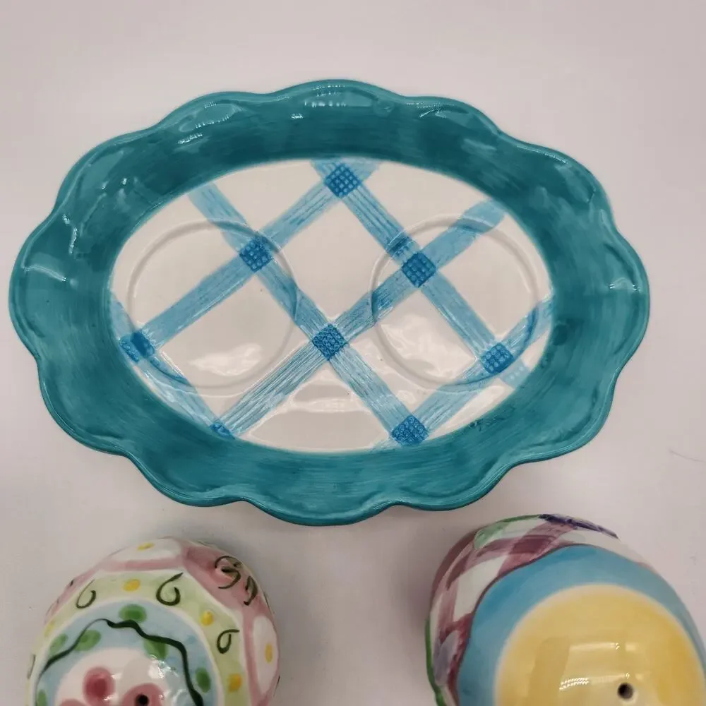 Vintage Handcrafted Lotus Ceramic Floral Salt&Pepper Shakers‎ Tray Spring Easter